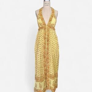 VTG 70's Boho Halter Maxi Dress Thick Yellow Floral Fairy Babydoll